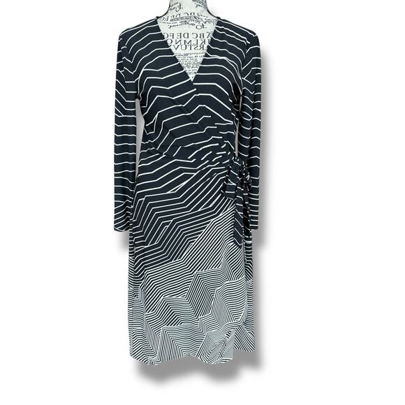 Vintage BCBG MaxAzria Size M Black Striped Wrap Dress - Picture 1 of 5